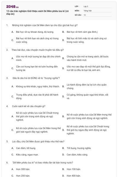 12 câu trắc nghiệm Giới thiệu sách Dế Mèn phiêu lưu kí (có đáp án)