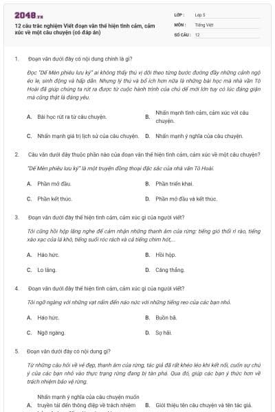 12 câu trắc nghiệm Viết đoạn văn thể hiện tình cảm, cảm xúc về một câu chuyện (có đáp án)