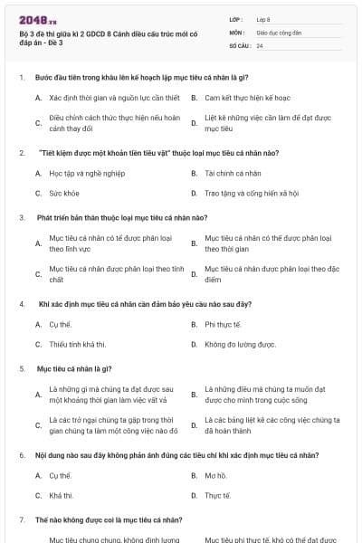 Bộ 3 đề thi giữa kì 2 GDCD 8 Cánh diều cấu trúc mới có đáp án - Đề 3