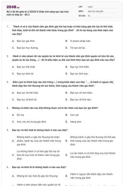 Bộ 3 đề thi giữa kì 2 GDCD 8 Chân trời sáng tạo cấu trúc mới có đáp án - Đề 2