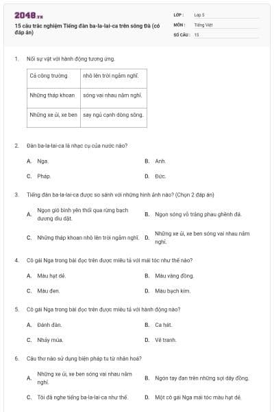 15 câu trắc nghiệm Tiếng đàn ba-la-lai-ca trên sông Đà (có đáp án)