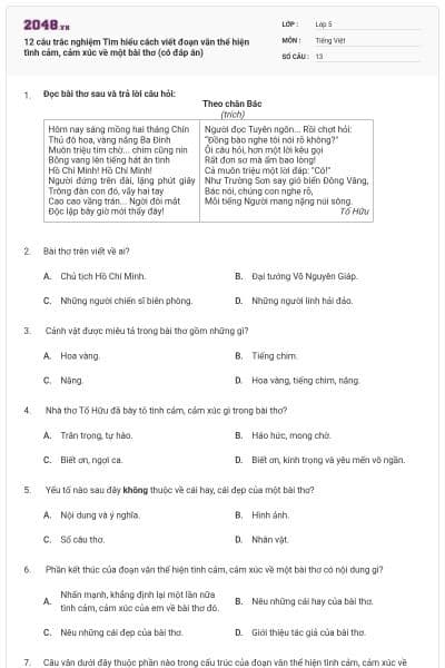 12 câu trắc nghiệm Tìm hiểu cách viết đoạn văn thể hiện tình cảm, cảm xúc về một bài thơ (có đáp án)