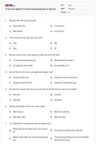 15 câu trắc nghiệm Trí tưởng tượng phong phú (có đáp án)