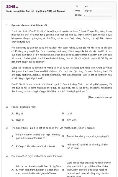 5 câu trắc nghiệm Đọc mở rộng (trang 131) (có đáp án)