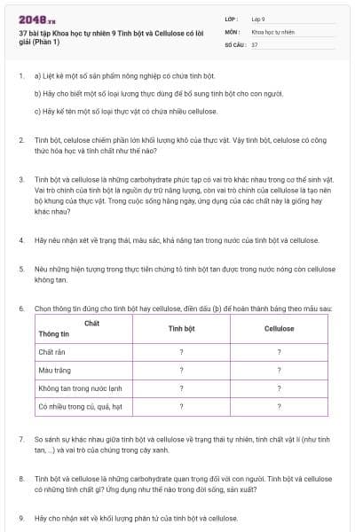 37 bài tập Khoa học tự nhiên 9 Tinh bột và Cellulose có lời giải (Phần 1)