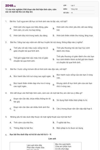 12 câu trắc nghiệm Viết đoạn văn thể hiện tình cảm, cảm xúc về một bài thơ (có đáp án)