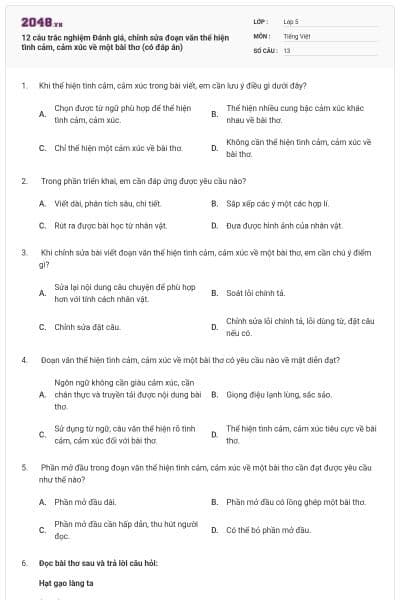 12 câu trắc nghiệm Đánh giá, chỉnh sửa đoạn văn thể hiện tình cảm, cảm xúc về một bài thơ (có đáp án)