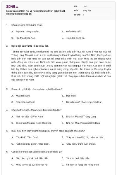 5 câu trắc nghiệm Nói và nghe: Chương trình nghệ thuật em yêu thích (có đáp án)