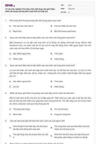 12 câu trắc nghiệm Tìm hiểu cách viết đoạn văn giới thiệu nhân vật trong một bộ phim hoạt hình (có đáp án)