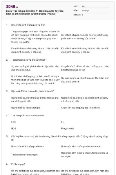 8 câu  Trắc nghiệm Sinh Học 11 Bài 38 (có đáp án): Các nhân tố ảnh hưởng đến sự sinh trưởng (Phần 2)