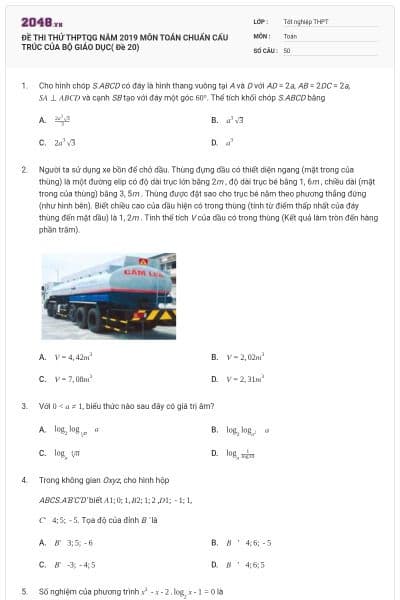 ĐỀ THI THỬ THPTQG NĂM 2019 MÔN TOÁN CHUẨN CẤU TRÚC CỦA BỘ GIÁO DỤC( Đề 20)