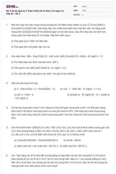 Bộ 5 đề thi giữa kì 2 Toán 8 Kết nối tri thức (Tự luận) có đáp án - Đề 3