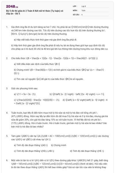 Bộ 5 đề thi giữa kì 2 Toán 8 Kết nối tri thức (Tự luận) có đáp án - Đề 5