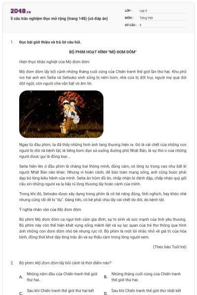 5 câu trắc nghiệm Đọc mở rộng (trang 148) (có đáp án)