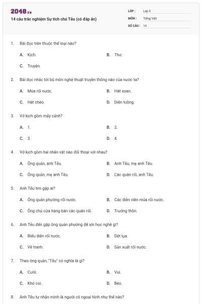 14 câu trắc nghiệm Sự tích chú Tễu (có đáp án)