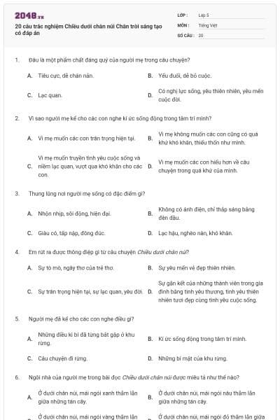 20 câu trắc nghiệm Chiều dưới chân núi Chân trời sáng tạo có đáp án