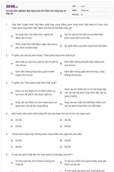 23 câu trắc nghiệm Quà tặng mùa hè Chân trời sáng tạo có đáp án