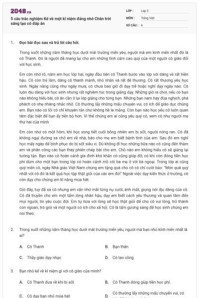 5 câu trắc nghiệm Kể về một kỉ niệm đáng nhớ Chân trời sáng tạo có đáp án