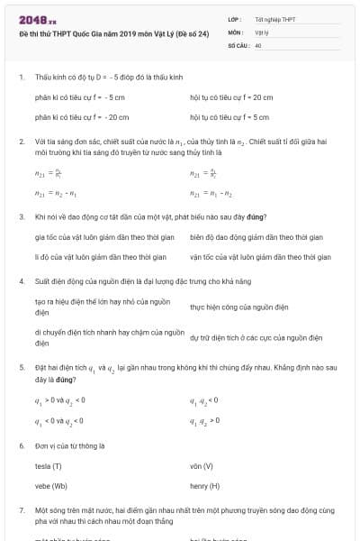 Đề thi thử THPT Quốc Gia năm 2019 môn Vật Lý (Đề số 24)
