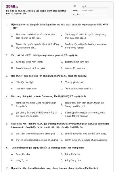 Bộ 4 đề thi giữa kì Lịch sử & Địa lí lớp 8 Cánh diều cấu trúc mới có đáp án - Đề 1