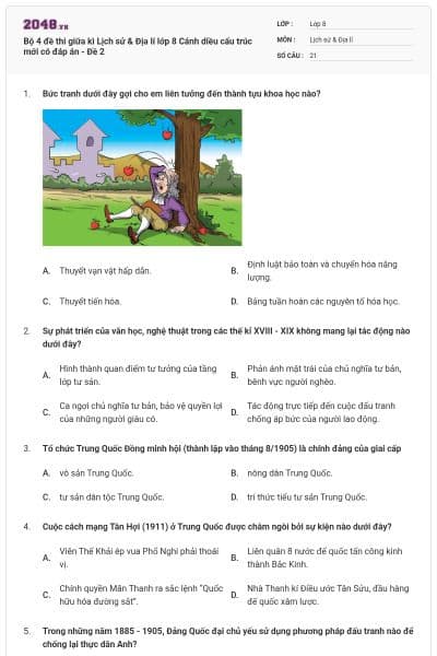 Bộ 4 đề thi giữa kì Lịch sử & Địa lí lớp 8 Cánh diều cấu trúc mới có đáp án - Đề 2