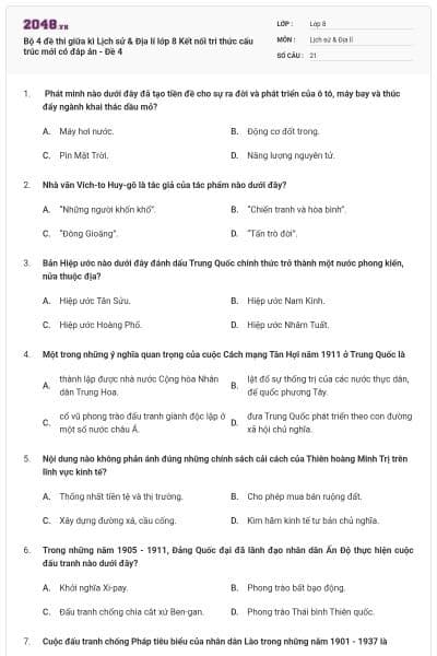 Bộ 4 đề thi giữa kì Lịch sử & Địa lí lớp 8 Kết nối tri thức cấu trúc mới có đáp án - Đề 4