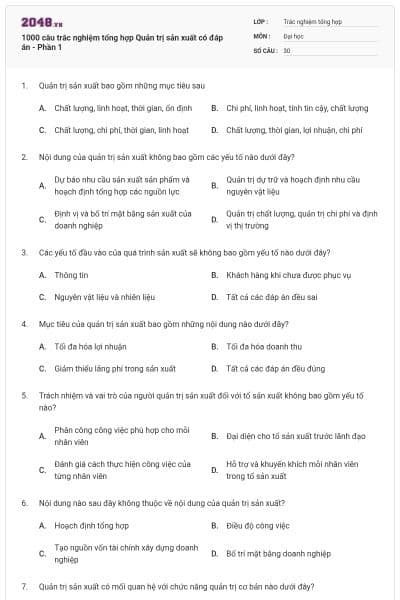 1000 câu trắc nghiệm tổng hợp Quản trị sản xuất có đáp án - Phần 1
