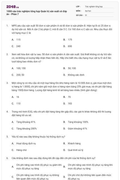 1000 câu trắc nghiệm tổng hợp Quản trị sản xuất có đáp án - Phần 7