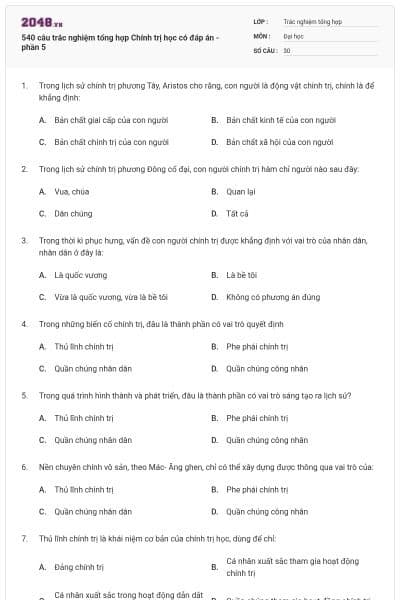 540 câu trắc nghiệm tổng hợp Chính trị học có đáp án - phần 5