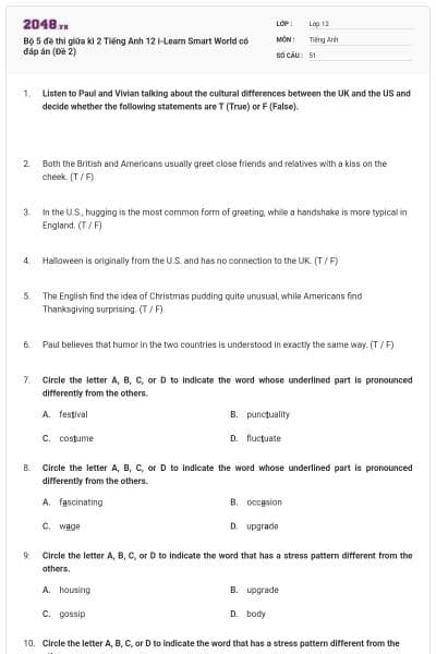 Bộ 5 đề thi giữa kì 2 Tiếng Anh 12  i-Learn Smart World có đáp án (Đề 2)
