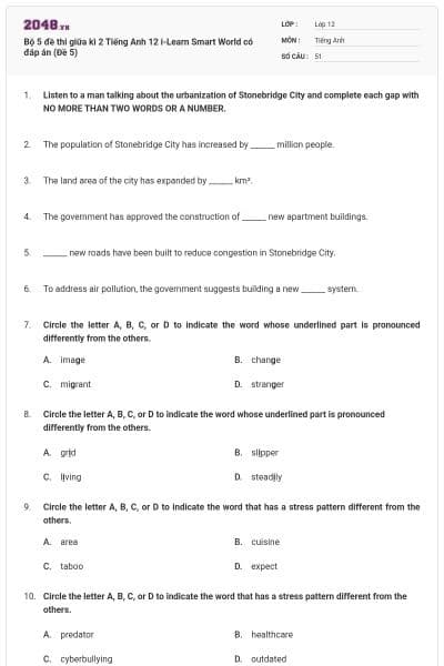 Bộ 5 đề thi giữa kì 2 Tiếng Anh 12  i-Learn Smart World có đáp án (Đề 5)