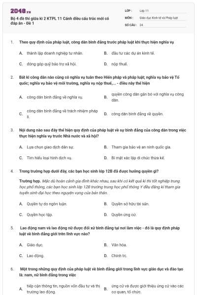 Bộ 4 đề thi giữa kì 2 KTPL 11 Cánh diều cấu trúc mới có đáp án - Đề 1