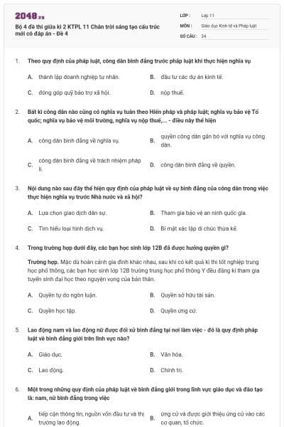 Bộ 4 đề thi giữa kì 2 KTPL 11 Chân trời sáng tạo cấu trúc mới có đáp án - Đề 4