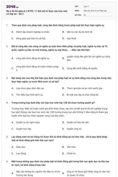 Bộ 6 đề thi giữa kì 2 KTPL 11 Kết nối tri thức cấu trúc mới có đáp án - Đề 2
