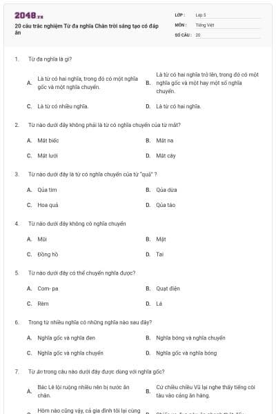 20 câu trắc nghiệm Từ đa nghĩa Chân trời sáng tạo có đáp án