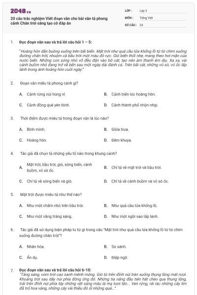 20 câu trắc nghiệm Viết đoạn văn cho bài văn tả phong cảnh Chân trời sáng tạo có đáp án