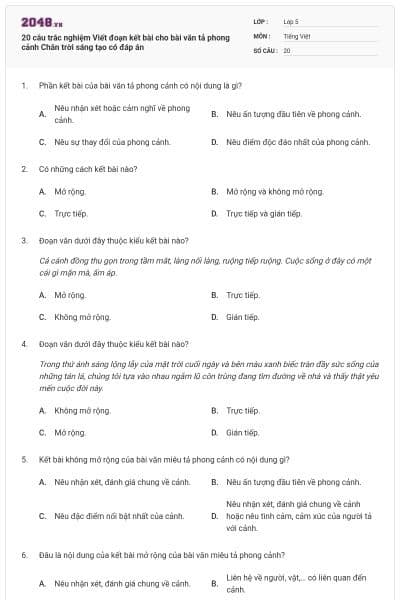 20 câu trắc nghiệm Viết đoạn kết bài cho bài văn tả phong cảnh Chân trời sáng tạo có đáp án