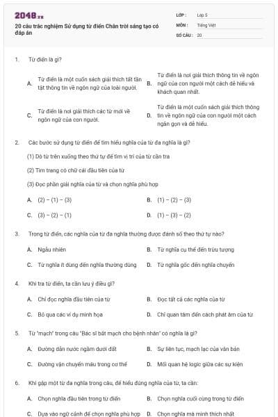 20 câu trắc nghiệm Sử dụng từ điển Chân trời sáng tạo có đáp án