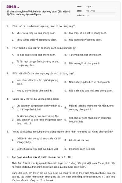 20 câu trắc nghiệm Viết bài văn tả phong cảnh (Bài viết số 1) Chân trời sáng tạo có đáp án