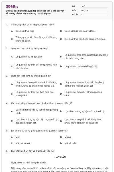 20 câu trắc nghiệm Luyện tập quan sát, tìm ý cho bài văn tả phong cảnh Chân trời sáng tạo có đáp án