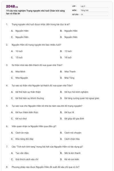 19 câu trắc nghiệm Trạng nguyên nhỏ tuổi Chân trời sáng tạo có đáp án