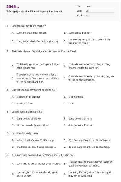 Trắc nghiệm Vật lý 6 Bài 9 (có đáp án): Lực đàn hồi