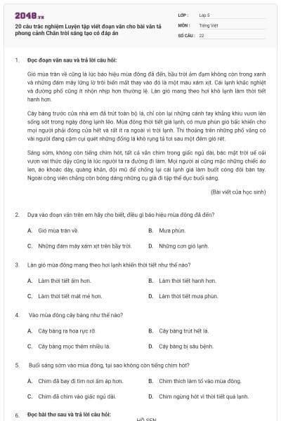 20 câu trắc nghiệm Luyện tập viết đoạn văn cho bài văn tả phong cảnh Chân trời sáng tạo có đáp án