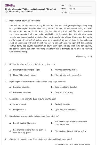20 câu trắc nghiệm Viết bài văn tả phong cảnh (Bài viết số 2) Chân trời sáng tạo có đáp án