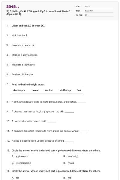 Bộ 5 đề thi giữa kì 2 Tiếng Anh lớp 5 i-Learn Smart Start có đáp án (Đề 1)