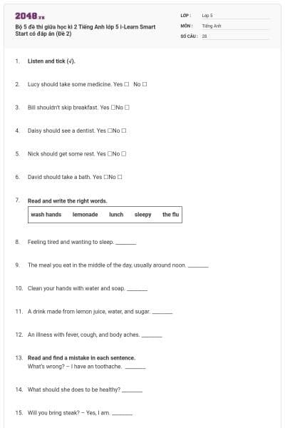 Bộ 5 đề thi giữa học kì 2 Tiếng Anh lớp 5 i-Learn Smart Start có đáp án (Đề 2)