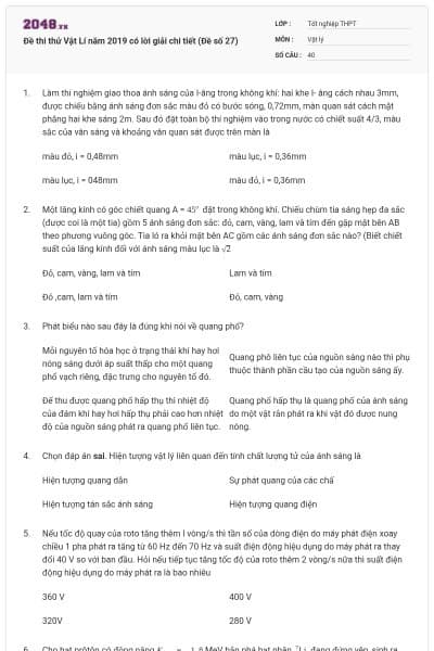 Đề thi thử Vật Lí năm 2019 có lời giải chi tiết (Đề số 27)
