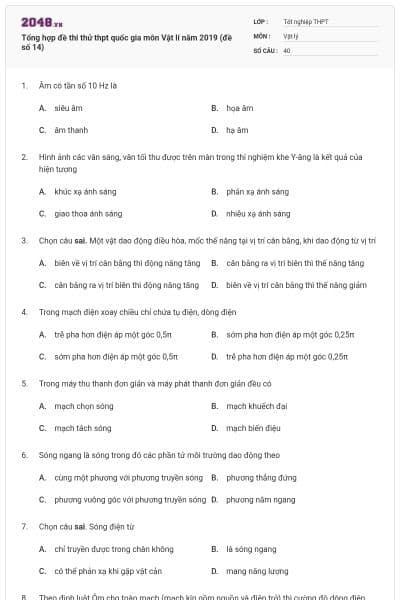 Tổng hợp đề thi thử thpt quốc gia môn Vật lí năm 2019 (đề số 14)