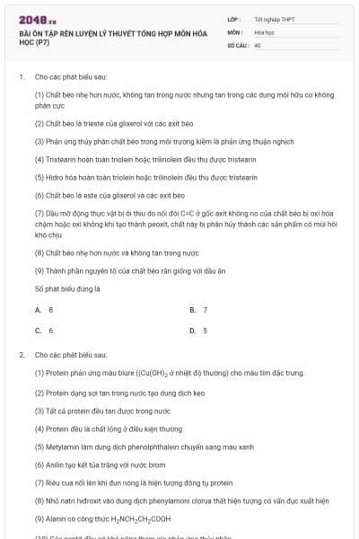 BÀI ÔN TẬP RÈN LUYỆN LÝ THUYẾT TỔNG HỢP MÔN HÓA HỌC (P7)