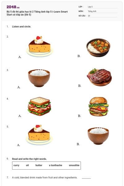 Bộ 5 đề thi giữa học kì 2 Tiếng Anh lớp 5 i-Learn Smart Start có đáp án (Đề 5)